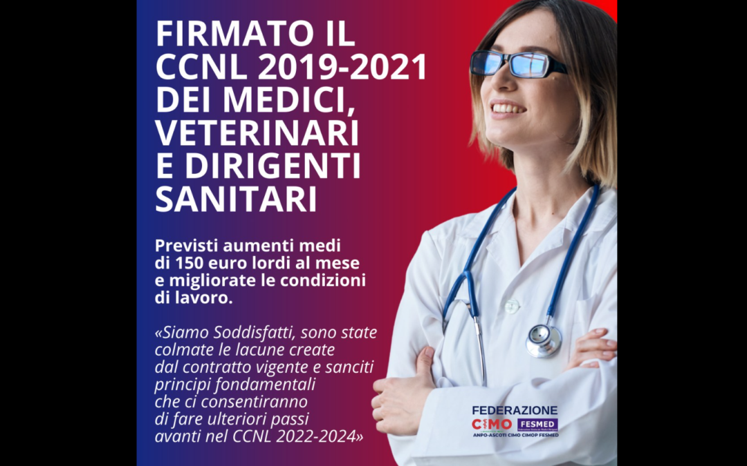 Firmato il CCNL 2019-2021 dei medici, veterinari e dirigenti sanitari