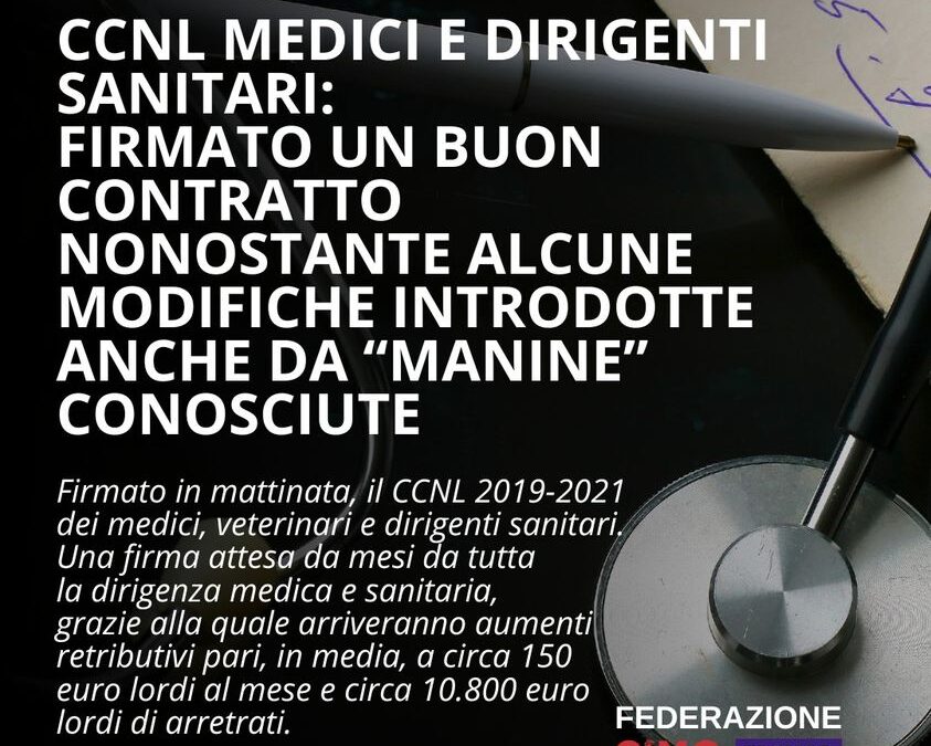 Firmato finalmente il CCNL 2019-2021 dei medici, veterinari e dirigenti sanitari